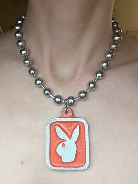 PLAYBOY VTG Playboy Bunny Chunky Rectangular Charm Ball Chain Necklace Vintage